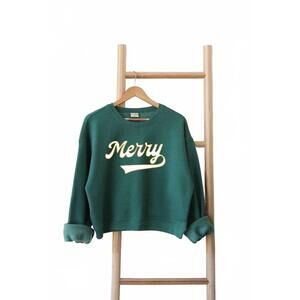 NEW OAT COLLECTIVE women's merry varsity mid cropped graphic sweatshirt in heath